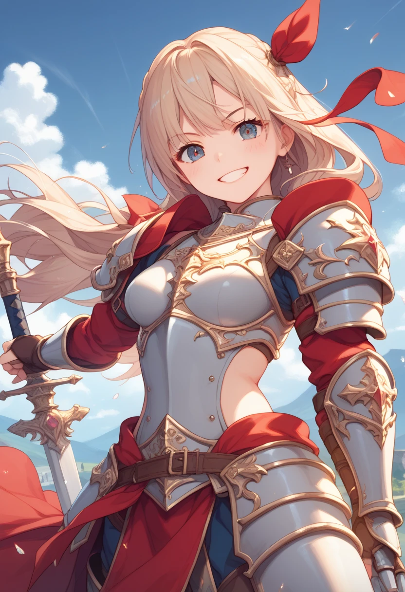 masterpiece, best quality, score_9, score_8_up, source_anime, girl, ite, grin, fantasy, armor,