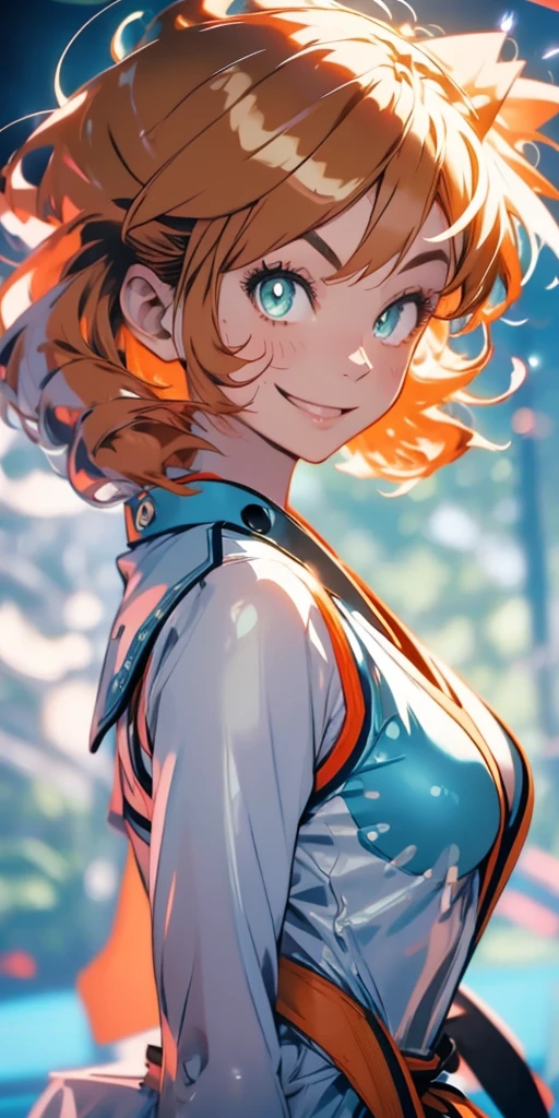 Misty_pokemon , Berry Short,Orange Hair, one side up hair ,Big green eyes,Small breasts,Skinny , a karate pose, wearing a karate gi, with a black belt, light blue uniform, winking, flirtatious smile, sweet girl, motion effect, light blue background with small drop-shaped drawings.