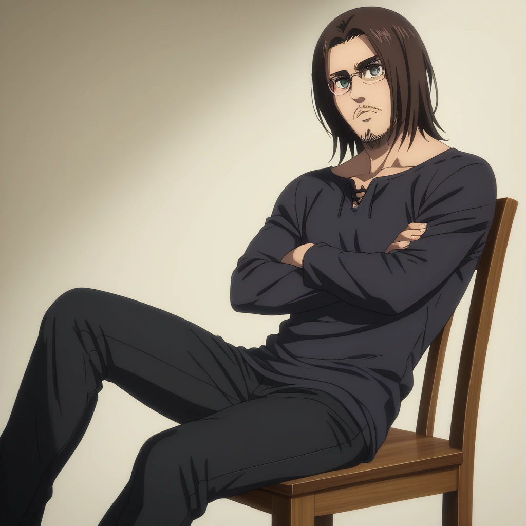 adult man, Does he have a handsome facial long beard , On a thin beak, His eyes are grey, serious look, with glasses,  dark brown hair ,  medium hair, black shirt,  black pants ,  anime style  , attack on titan, type of animation animation company Mappa.  a single character,  HIGH QUALITY, good resolution, The character is looking at the spectator, The beard is a lumberjack type,  male anime character,  Detailed anime character art ,  official art , rostro de adult man,  sitting in a chair,  looking in the front, crossed arms, The character can only see half of his body
