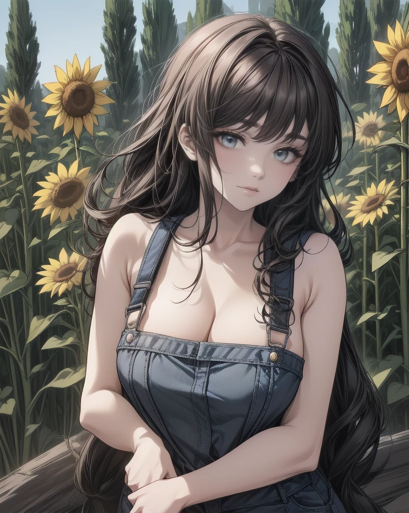   Ultra-detailed images,  超 high definition , 16k,  Soft colors, Goddess の Beauty, ( 女の子1 person),(((女の子1 person))),    natural lips,(No highlights),    high definition ,    Nicely Drawn Eyes    ,  Wavy Hair ,   long hair, ((( Breasts bigger than her face))) ,   teenager flying over the park   ,BEAUTIFUL DARK HAIR    ,     beautiful dark eyes     ,( Chest enhancement  ),  sensual poses  ,Alone,1 person,  erotic ,   her charming big breasts,Protruding Long Pointed Breasts  , sexy woman  , saggy breasts,   Friendly Smiles , ヌードの overalls , overalls ,A field of sunflowers on one side,countryside,Cute smile,Collarless, sleeveless