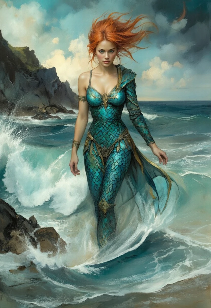 Through my lens, a majestic warrior emerges from the sea's chaos, her body clad in a snug, iridescent dragon scale armor that mirrors the ocean's heart. Her coral hair, wild yet restrained, dances with the salty gusts. Turquoise eyes, brimming with ancestral knowledge, pierce the tumultuous waves. Her presence, a harmonious fusion of power and grace, captivates the shore.