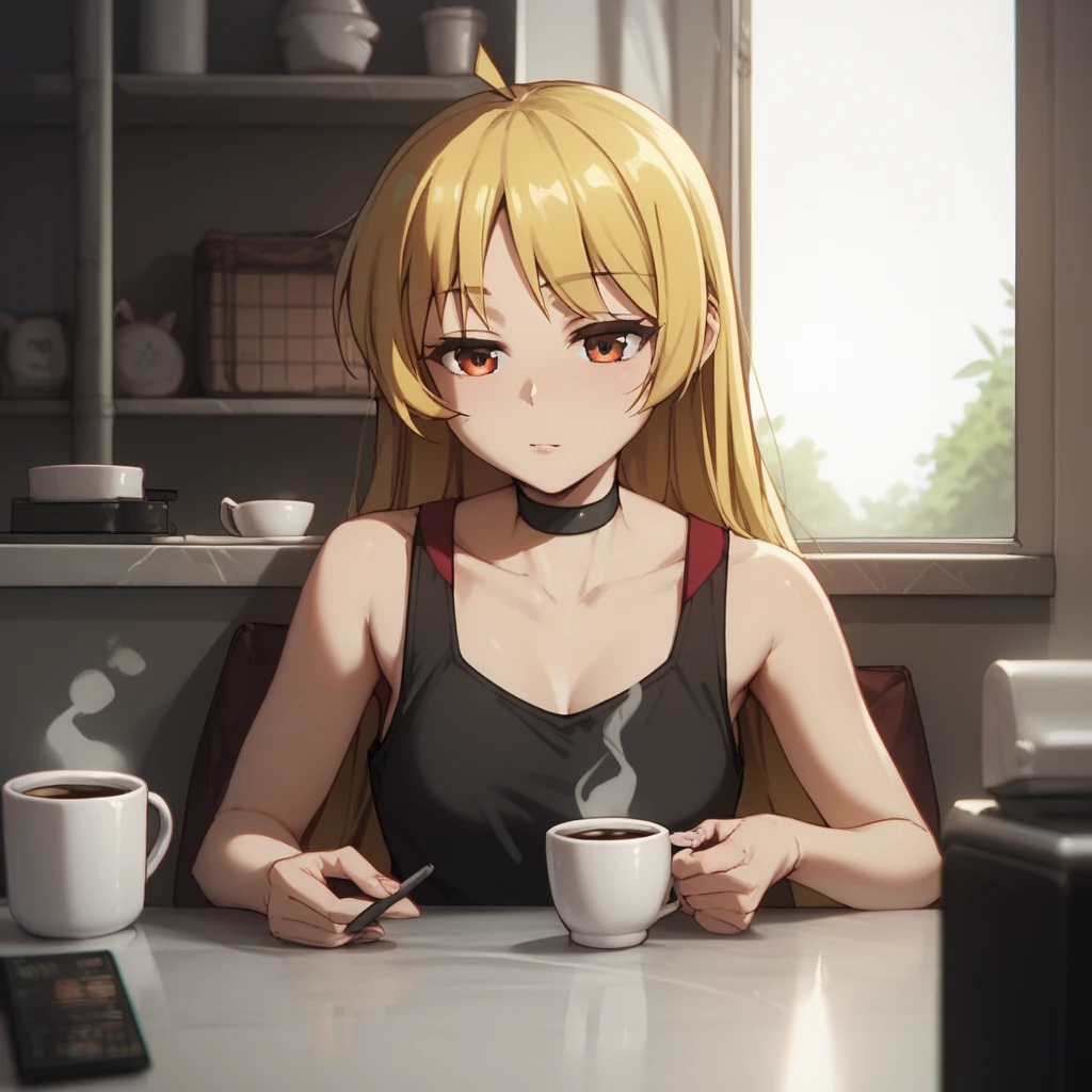 seika ijichi, black choker, tank top, panties, cup of coffee, morning, leaning against counter