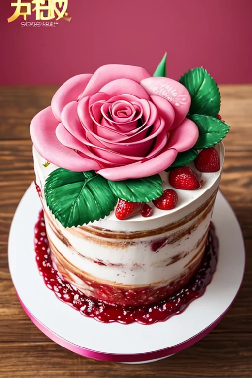 masterpiece、  top quality,  very detailed、8k、  high definition ,  scene、Food,Birthday cake( illustration of a beautiful pink rose flower drawn with strawberry jam on a cake)、Professional photographer's movie-like lighting 