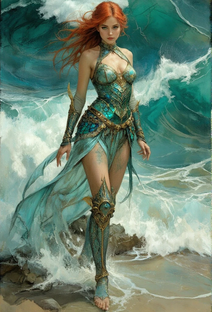 Through my lens, a majestic warrior emerges from the sea's chaos, her body clad in a snug, iridescent dragon scale armor that mirrors the ocean's heart. Her coral hair, wild yet restrained, dances with the salty gusts. Turquoise eyes, brimming with ancestral knowledge, pierce the tumultuous waves. Her presence, a harmonious fusion of power and grace, captivates the shore.