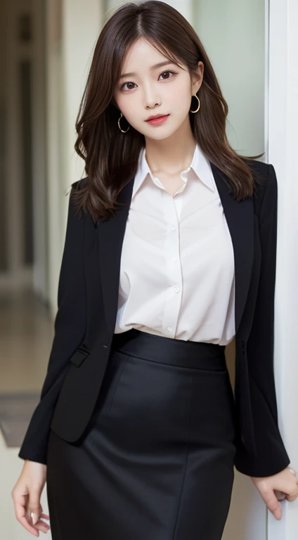 Woman in a suit standing on the sidewalk,((23-year-old woman))、small Breasts、Dark brown hair color、Hairstyle with bangs、Various hairstyles、Hairstyles of different lengths、(8k, RAW Photos, highest quality, Tabletop: 1.2),、(Realistic, Realistic: 1.3), Cityscape, Day, Sunny Morning, Professional Lighting, Photon Mapping, shirt, (Woman in a suit,) Silk Suit、Pencil Skirt、Tight Skirt、((Delicate photo))，(Detailed RAW Photos of Girls), (Tabletop:1.25), (highest quality:1.6), (超A high resolution:1.5), (Realistic:1.75), 8k resolution, Caphin EOS R5, 50mm, absurdes, Ultra-detailed,Cinema Lighting, (Skirt Lift:1.5)、nsfw、the wind is strong、smile、Skirt flipped up, ((phi_panties)), beautiful pussy, nsfw,