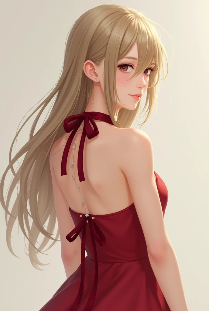 young woman , dark blond, rotes Neckholder Top , bow on neck and back , long ribbons under the bows,view back