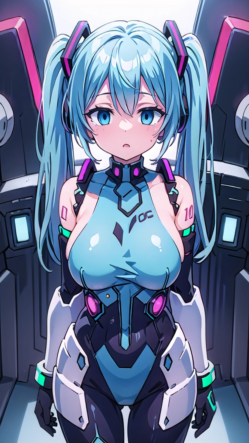 Hatsune Miku VOCALOID,  twin tails,  Light Blue Eyes,  light blue hair,  Bodysuit , (Mecha Girl),  cyberpunk,  ultimate physical beauty,  beautiful eyes , Big Breasts,  Embarrassing Looks  , bedroom,  big chest , , top quality,  Max Image,