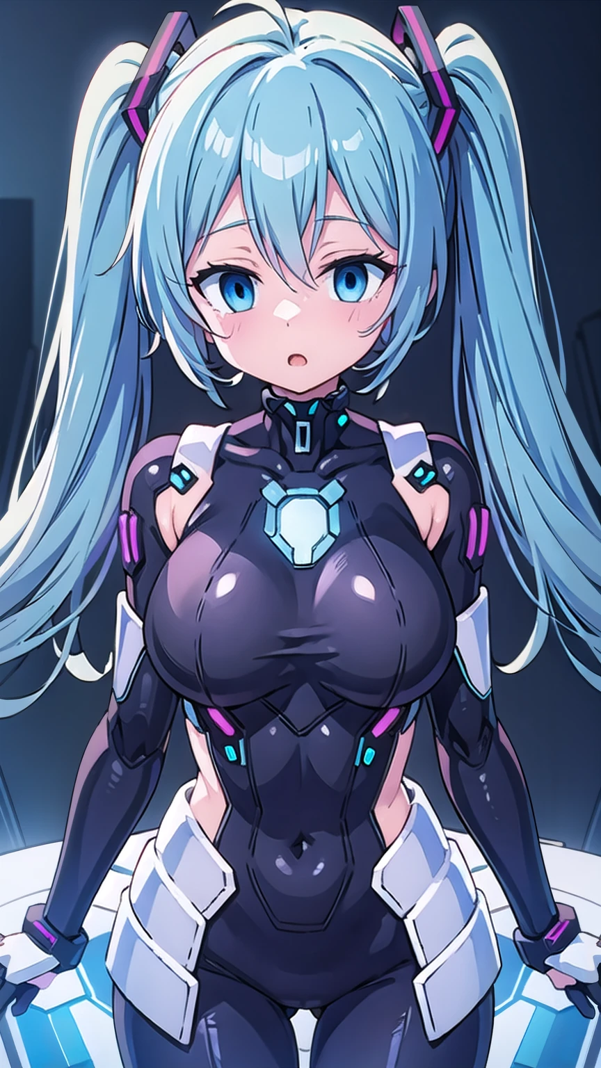 Hatsune Miku VOCALOID,  twin tails,  Light Blue Eyes,  light blue hair,  Bodysuit , (Mecha Girl),  cyberpunk,  ultimate physical beauty,  beautiful eyes , Big Breasts,  Embarrassing Looks  , bedroom,  big chest , , top quality,  Max Image,