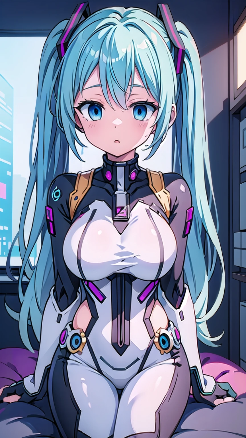 Hatsune Miku VOCALOID,  twin tails,  Light Blue Eyes,  light blue hair,  Bodysuit , (Mecha Girl),  cyberpunk,  ultimate physical beauty,  beautiful eyes , Big Breasts,  Embarrassing Looks  , bedroom,  big chest , , top quality,  Max Image,