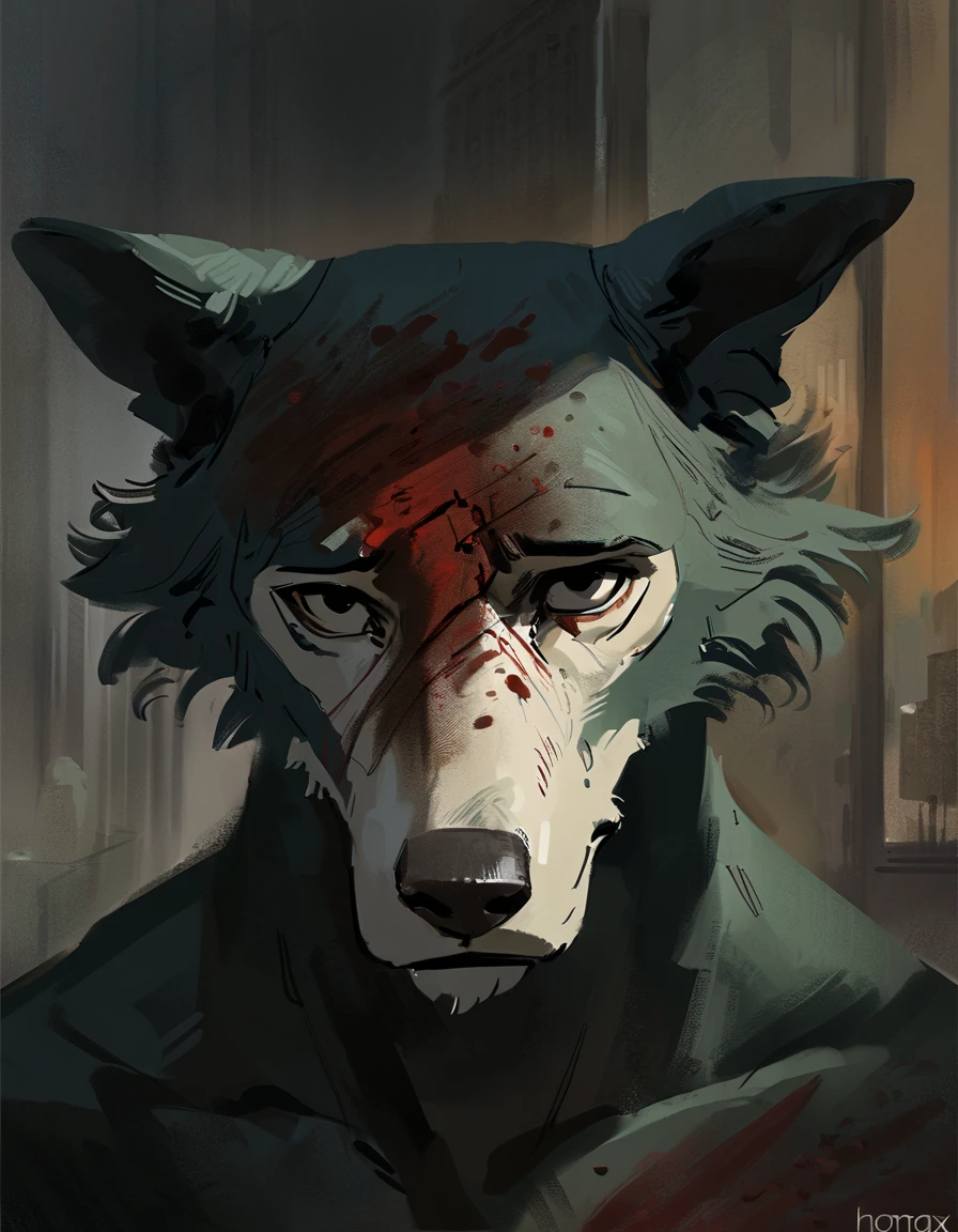 (legoshi) (beastars), (solo), male, anthro, (by seyorrol, by Nomax), (tail:1.3), depressed expression, (dark apartment background, gloomy, sad atmosphere), (naked), realistic shading, dark lighting, mysterious shadows, night scene, (epic, masterpiece, high quality, 8k, ultra HD, absurd res, top quality, best quality, max quality, masterpiece), head on, staring intensely, central framing, (direct eye contact, looking at viewer), headshot, ((dried blood on face, dried blood)),