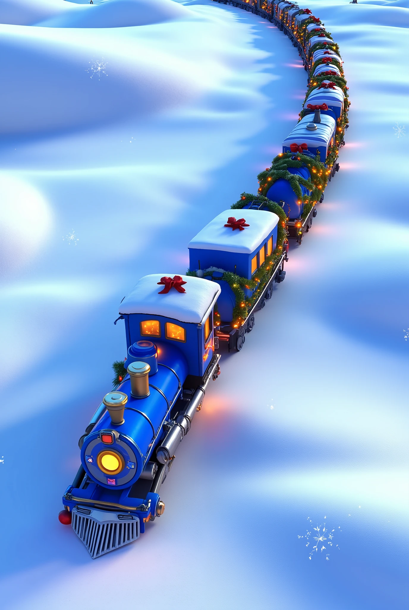 A top-down Pixar-style cartoon shot of a fully blue Christmas train cutting through a vast snowy meadow. Each wagon, painted a consistent vibrant blue, is wrapped with glowing garlands and decorated with shiny red bows and festive ornaments. The untouched snow stretches across the meadow in smooth, rolling hills, with faint trails from animals crisscrossing the landscape. The train’s golden-lit frosted windows add a touch of warmth, while snowflakes drift gently through the crisp winter air. The blue train creates a striking contrast against the endless white snow, emphasizing its magical presence in the serene scene.
