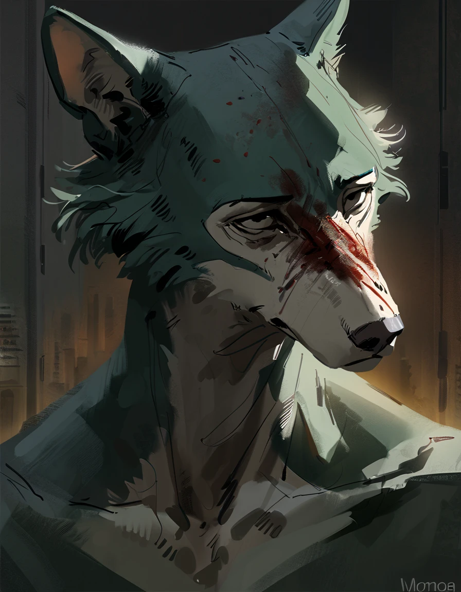 (legoshi) (beastars), (solo), male, anthro, (by seyorrol, by Nomax), (tail:1.3), depressed expression, (dark apartment background, gloomy, sad atmosphere), (naked), realistic shading, dark lighting, mysterious shadows, night scene, (epic, masterpiece, high quality, 8k, ultra HD, absurd res, top quality, best quality, max quality, masterpiece), head on, staring intensely, central framing, (direct eye contact, looking at viewer), headshot, ((dried blood on face, dried blood)),