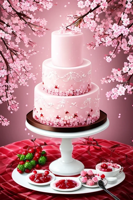 masterpiece、  top quality,  very detailed、8k、  high definition ,  scene、Food,Birthday cake( illustration of a beautiful pink rose flower drawn with strawberry jam on a cake)、Professional photographer's movie-like lighting 