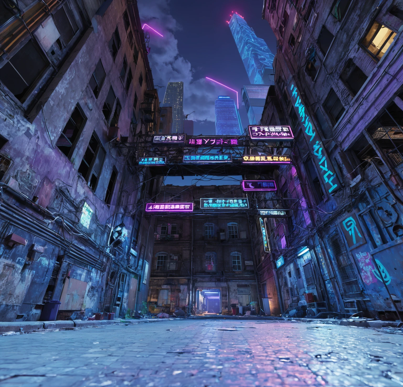 Looking up, the camera is close to the ground, cyber style, cyber night, alley with neon lights at night, low-lying ground, realistic ground texture, complete ground, abandoned low buildings on both sides of the picture, dilapidated low buildings, pipes and wires outside the buildings, trash cans near the wall, silhouettes of skyscrapers can be seen in the sky in the distance, neon signs are hung between the two buildings, the signs emit blue and purple lights, two steel frames connect the two buildings, UE5 rendering, 3D rendering, 3D model, cartoon style