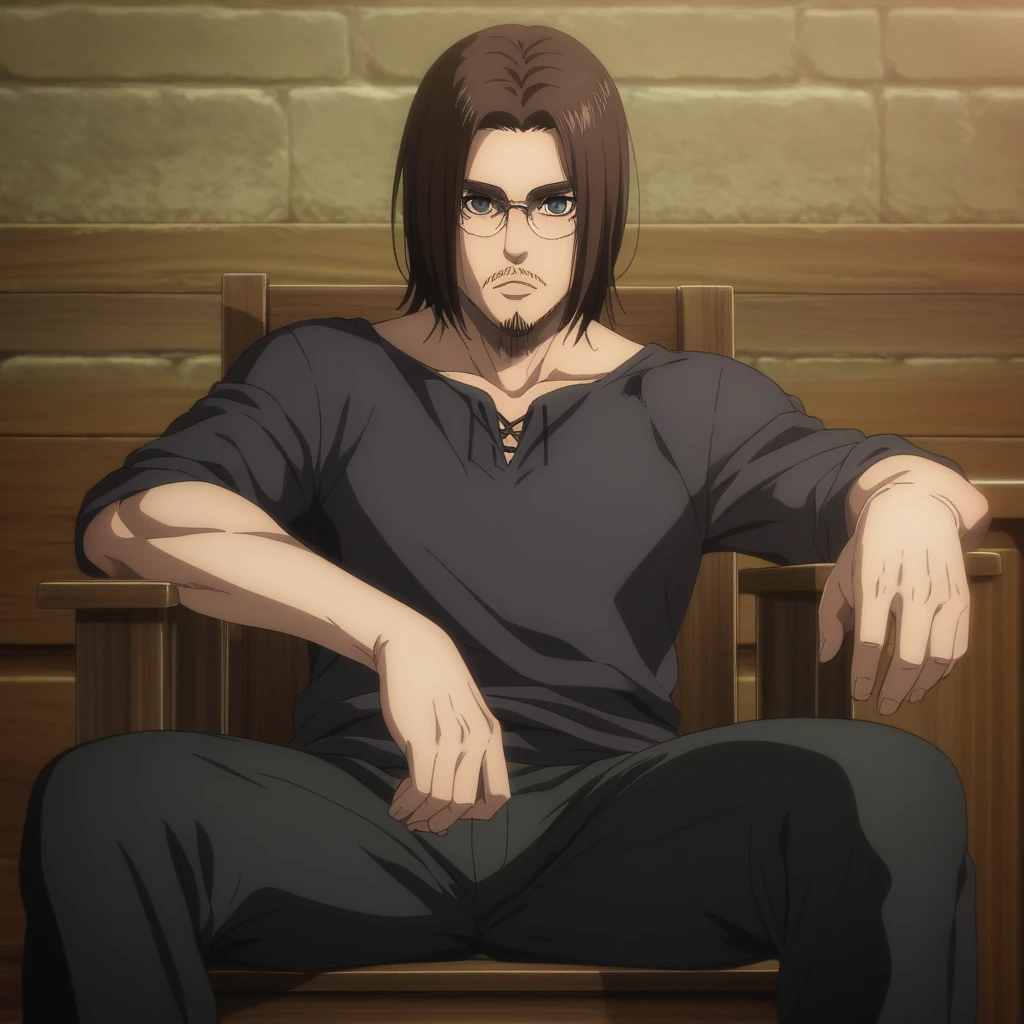 adult man, Does he have a handsome facial long beard , On a thin beak, His eyes are grey, well detailed eyes, relaxed gaze ,  dark brown hair ,  medium hair, black shirt,  black pants ,  anime style  , attack on titan, type of animation animation company Mappa.  a single character,  HIGH QUALITY, good resolution, The character is looking at the spectator, The beard is a lumberjack type,  male anime character,  Detailed anime character art ,  official art , rostro de adult man,  sitting on a wooden chair ,  looking in the front, relaxed arms, The character has glasses,The character can only see half of his body
