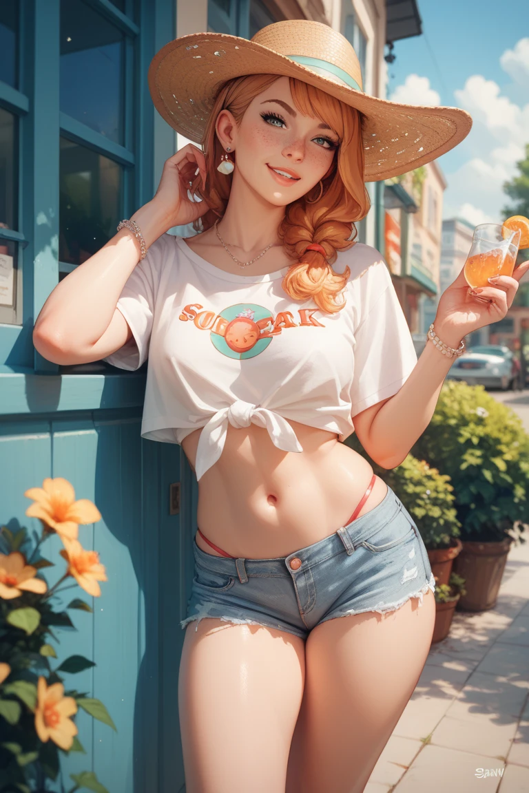 best quality, 4k, 8k, Detailed faces, beauty girl, Korean makeup, Red lips, laugh, perfect body, orange hair, big breasts, thigh, bikini green with white stripes, Tight long jeans, lower abdomen, View of the orange orchard, Fruit orange orchard,