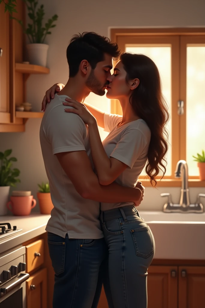 man and woman kissing, warm, romantic, passionate, couple, fun, hyper realistic, ultra realistic, human, home vibe, happy, sexy, wallpaper, anime, full body, erotic, sensual, no extra limbs, emotional, 
