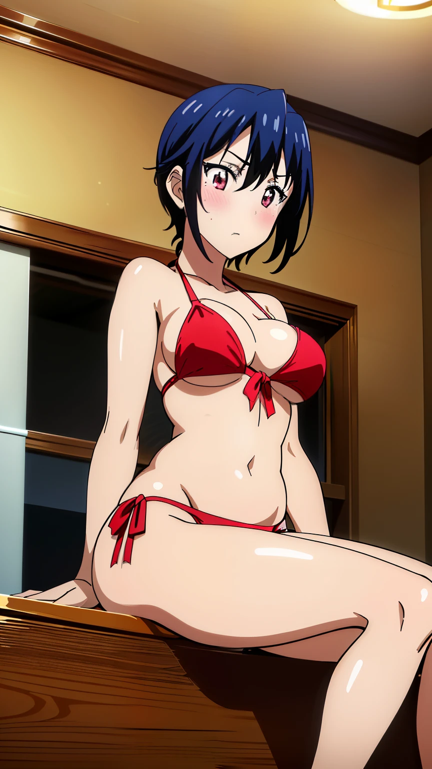 (Best Quality, 8K, High Resolution, Masterpiece: 1.2), High Definition, Anime Art Style, Anime Color, Solo, Girl, (nffsw, bikini, sexy pose, from below, from the front, spread your legs, sitting, with legs apart, blush), Large Medium Tits, Solo, Stylish Pose, Stylish Angle, Viewing Cowboy shot in the center of the image,