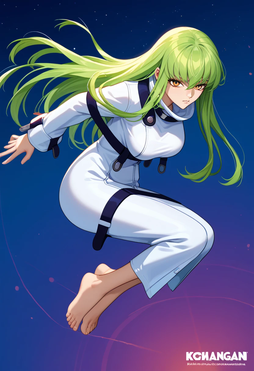  score_9,  score_8_above,  score_7_above,  score_6_above, source_animated, 1 girl, Alone, cgcc , green hair,  Very Long Hair,  yellow eyes , white suit,  straitjacket, black straps, mangas anchas,  big breasts , down, floating,  full body,  night sky,  looking at you, jumping, officer, barefoot