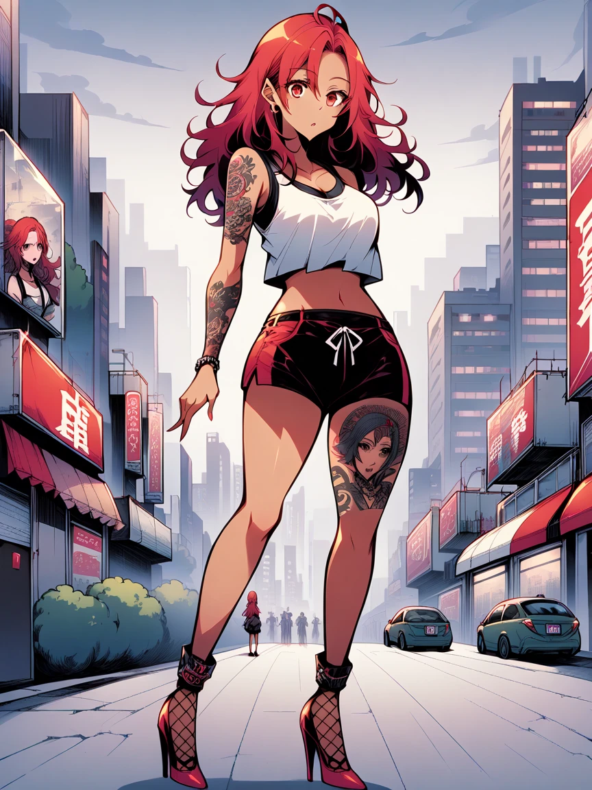 t4ts, tattoos, tattoo, 1girl, Hapi, red hair, tank top, booty shorts, high heels, red eyes, standing, city background, crop top, large breasts, dark skin