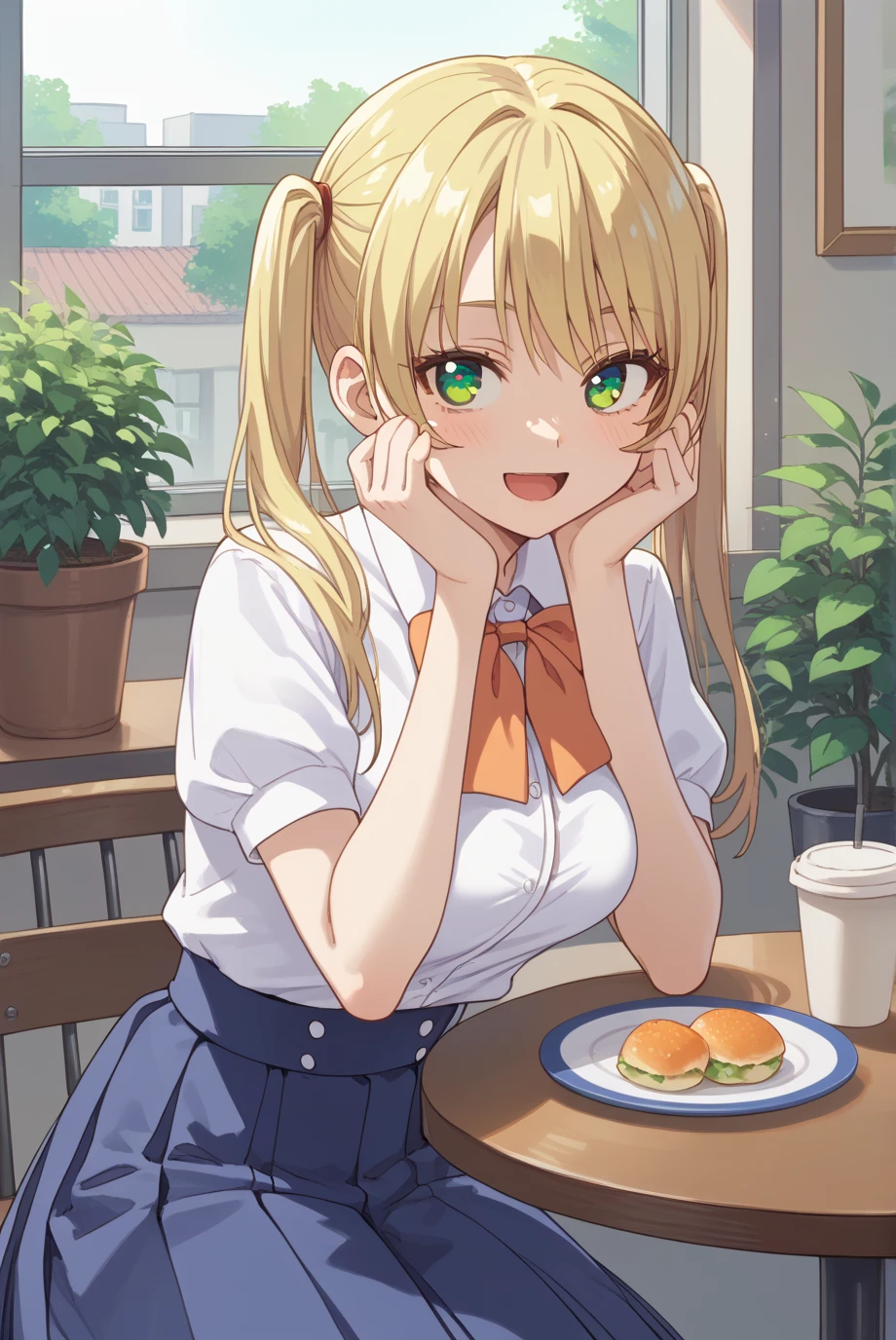 score_9, score_8_up, score_7_up, score_6_up, score_5_up, score_4_up, BREAK source_anime, 1girl, solo,
ChopioMiriki, blonde hair, green eyes, looking at viewer,
[medium breasts : large breasts: 10],
long hair, twintails,
outfit_1, white shirt, collared shirt, bowtie, short sleeves, blue skirt, pleated skirt,
cafe, window, potted plant, table, head rest,
sitting, smile, open mouth,