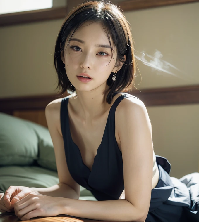 (A hyper-realistic), (illustratio), (hight resolution), (8K), (ighly detailed), (The best illustrations), (beatiful detailed eyes), (top-quality), (ultra-detailliert), (masterpiece), (wall-paper), (详细的脸), drooing eyes,Sweaty,Upper body close-up,armpit,short-hair,inner colored,独奏,It features a simple(mintカラー、ブラック、イエロー、マゼンタDot Design Shorts)(Adult Japan Woman in Underwear, Yuko Fueki see-through open shirt without bra、Lying in bed,Looking at the camera、 (camel's toe)