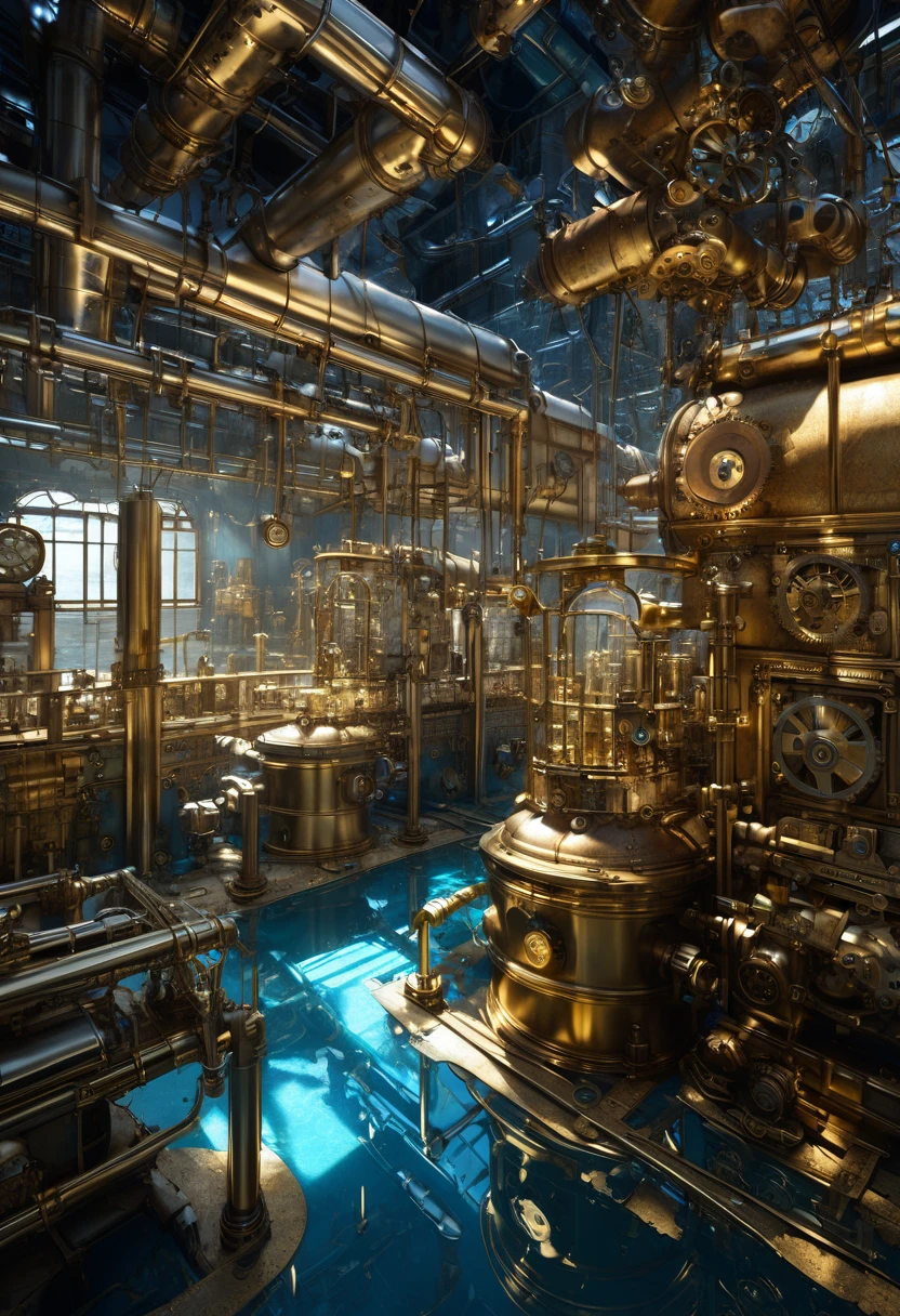 secret steampunk factory on the blue, transparent ocean floor, exposed machine parts, silver plated, copper plated, and gold bars, workers, steampunk loose baggy factory uniforms, effective effects, bold and dynamic, contrasts of light and shadow, 2.5D, artistic photography, hyper realistic, ultra detailed, absolutely resolution, masterpiece