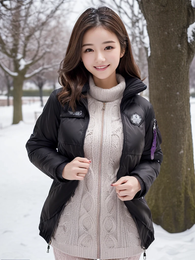 (Winter date ), ((Cute style outfit for a very cold day:1.2)), (( black down jacket:1.4)), View the viewers, Japanese female university student, ( one woman:1.2),  she's so beautiful ,  pubic skin,  perfect face,  cute and symmetrical face with water up to the chest,  light brown hair ,  medium hair,  wave hair,  hair gathered together in purple fabric, makeup, Beautiful Hair,  beautiful face,  Beautiful Attention to Details,  Beautiful Fingers , (In a snowy park), (Cute Smile), ( realistic ,  Real As Pictured:1.4),  very detailed,  shallow depth of field ,  perfect anatomy, Perfect limbs, Perfect hands,  perfect eyes,  Perfect Body , smile,  double eyelids , ( Natural Lighting ,  movie lights),