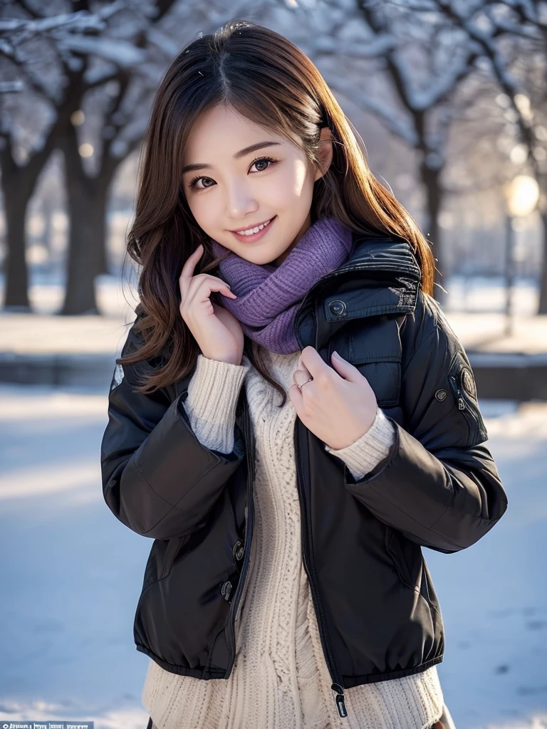 (Winter date ), ((Cute style outfit for a very cold day:1.2)), (( black down jacket:1.4)), View the viewers, Japanese female university student, ( one woman:1.2),  she's so beautiful ,  pubic skin,  perfect face,  cute and symmetrical face with water up to the chest,  light brown hair ,  medium hair,  wave hair,  hair gathered together in purple fabric, makeup, Beautiful Hair,  beautiful face,  Beautiful Attention to Details,  Beautiful Fingers , (In a snowy park), (Cute Smile), ( realistic ,  Real As Pictured:1.4),  very detailed,  shallow depth of field ,  perfect anatomy, Perfect limbs, Perfect hands,  perfect eyes,  Perfect Body , smile,  double eyelids , ( Natural Lighting ,  movie lights),