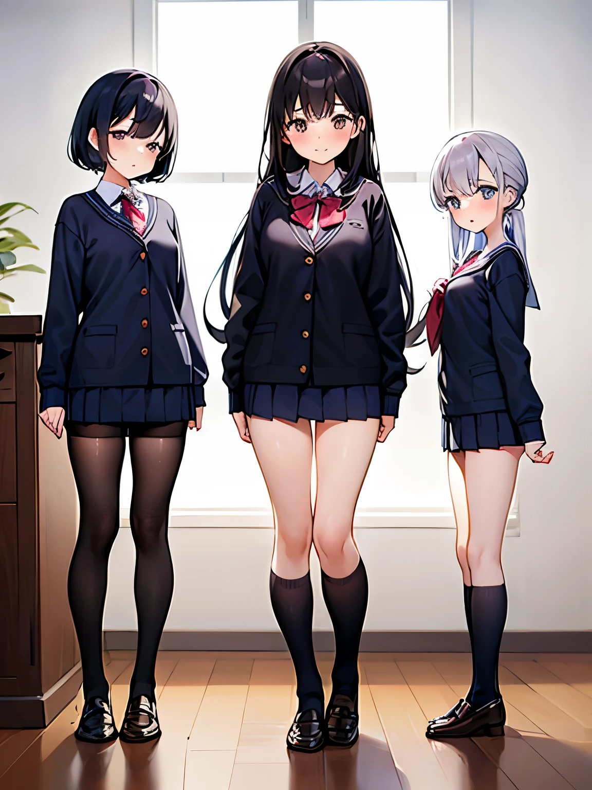     masterpiece  ,    High Quality   ,    3 girls ,    school uniform,  Black socks、  calf socks  、ミッド  calf socks  ,    brown loafers  ,Tight fitting clothes、   panties、   standing、classroom、  good