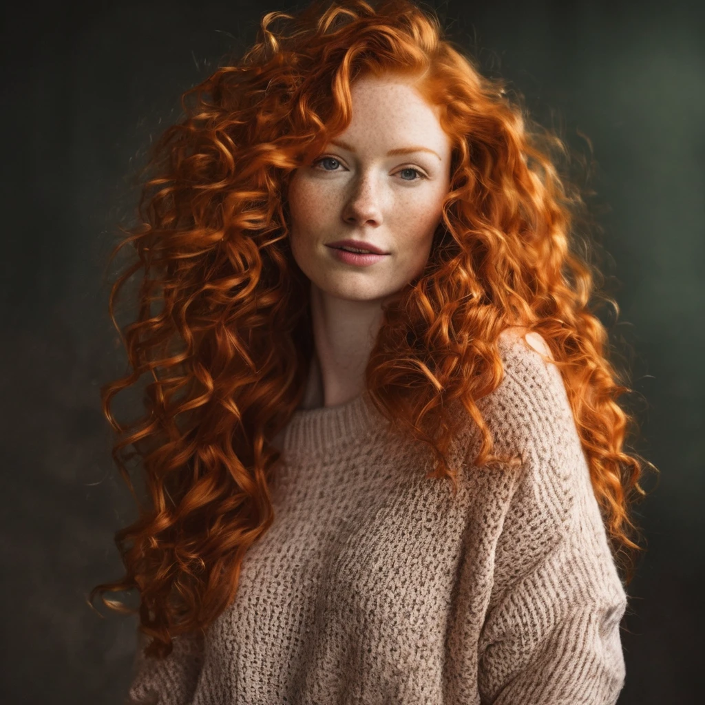 arafed woman with red hair and a sweater on posing for a picture, with curly red hair, flowing ginger hair, pale skin curly blond hair, redhead woman, red haired goddess, wild ginger hair, a redheaded young woman, curly red hair, she is redhead, with pale skin, redhead girl, ginger wavy hair, long ginger hair, red curly hair