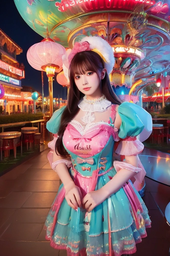 best quality, 8k, highly detailed face and skin texture, high resolution, big tits japanese girl in colorfull dress stand in front of merry go round at night, under the light, full body, sharp focus