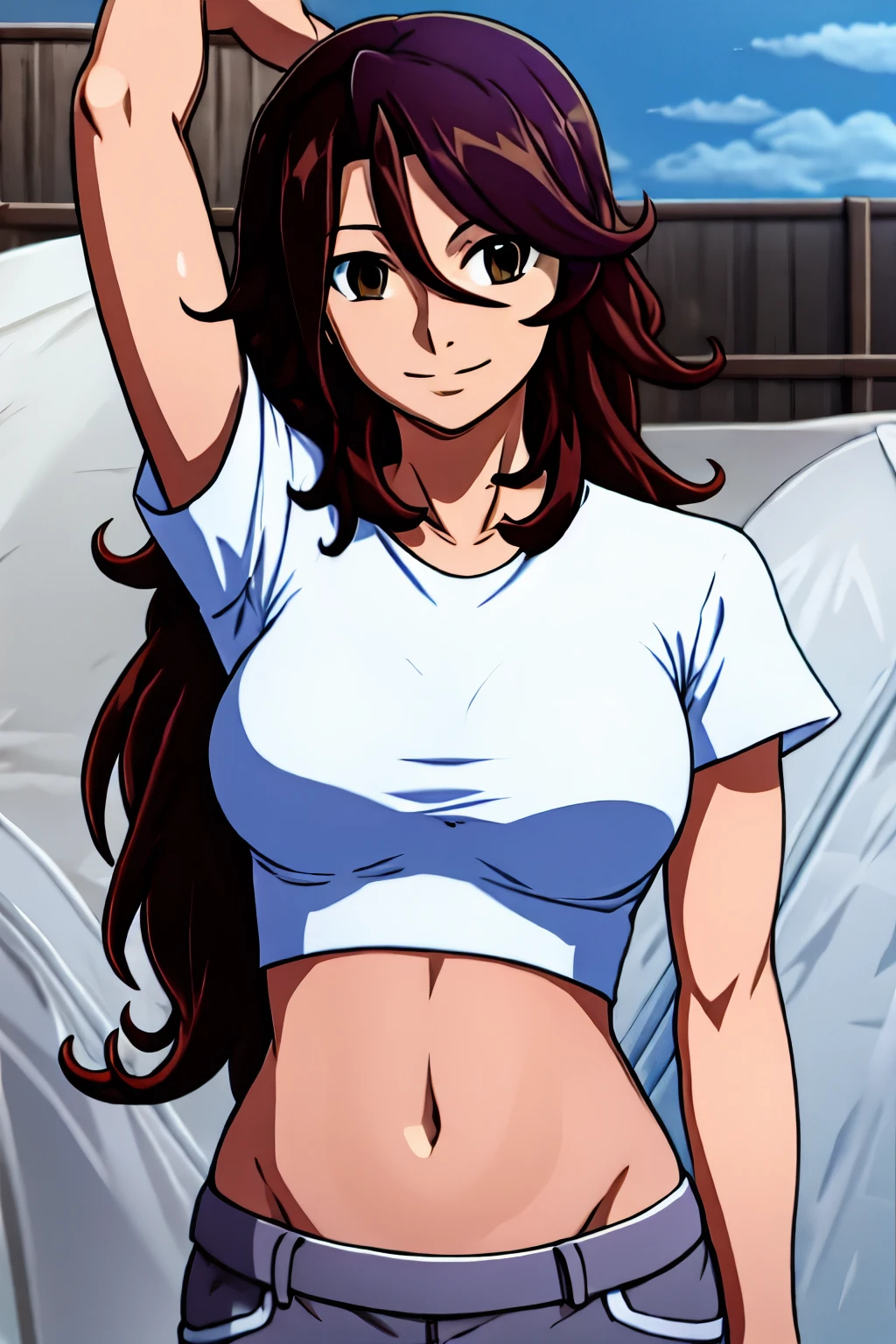 Selfie shot, detailed face, upper body view, detailed body, 4k, Sumergai Lee Noriega, best quality, anime style, hires, highest definition, digital blending, bold drawing lines, ((), (slender body), mature woman, (female wrestler, white tanktop), cheerful, gorgeous, smile, (closed mouth), (pale skin, shiny skin, lighting and shadow), (cleavage), (clean face), (warming up), closed fists, (brown hair, curly hair, long hair), 27 years old, sexy, armpits, sweaty armpits