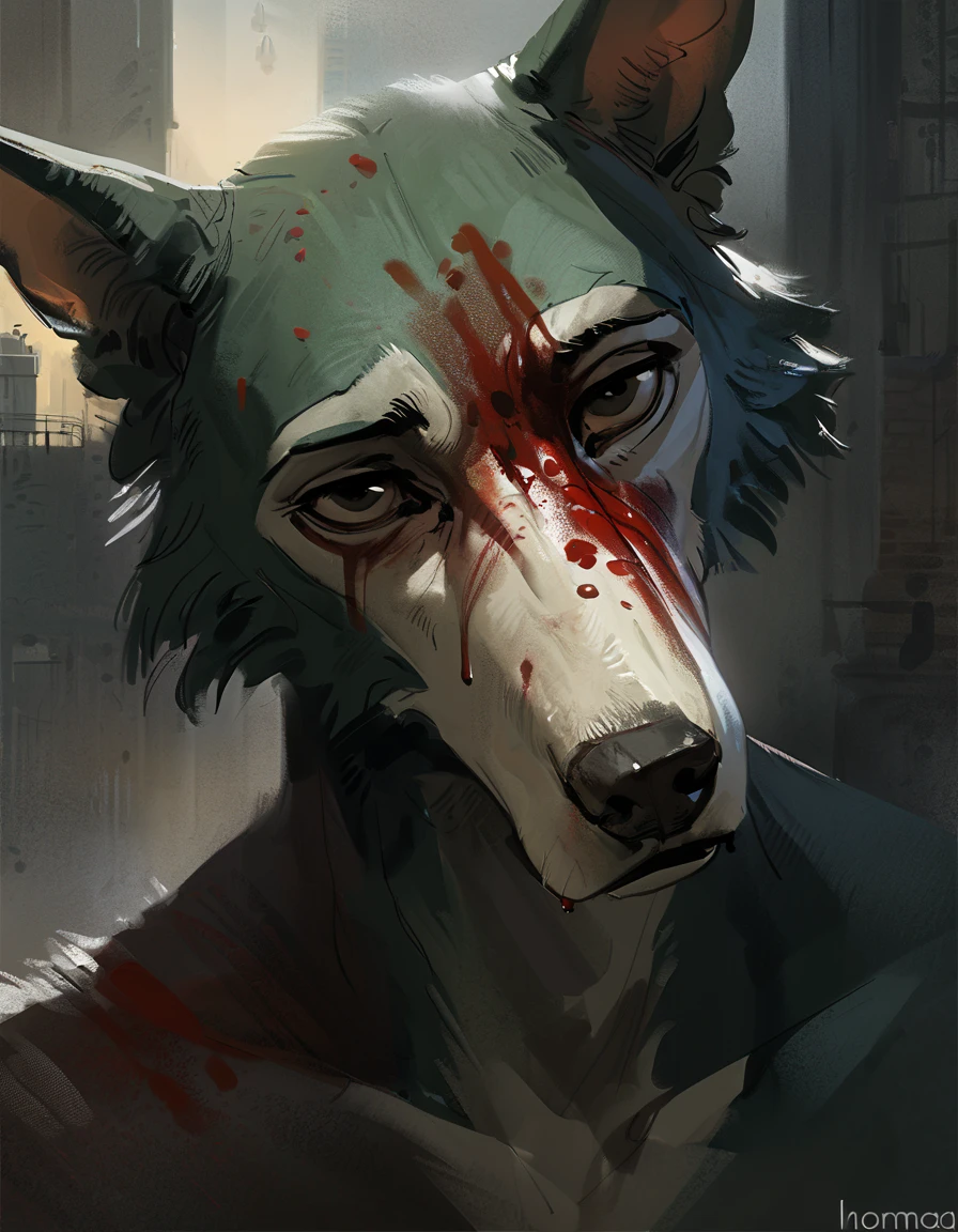 (legoshi) (beastars), (solo), male, anthro, (by seyorrol, by Nomax), (tail:1.3), depressed expression, (dark apartment background, gloomy, sad atmosphere), (naked), realistic shading, dark lighting, mysterious shadows, night scene, (epic, masterpiece, high quality, 8k, ultra HD, absurd res, top quality, best quality, max quality, masterpiece), head on, staring intensely, central framing, (direct eye contact, looking at viewer), headshot, ((blood on face, blood soaked fur)), (realistic eyes),