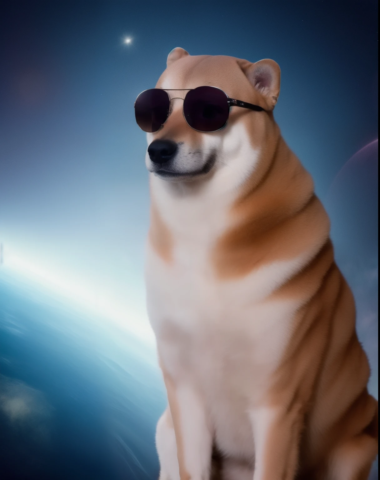 Fine art portrait of Cheems in space wearing sunglasses,  centered composition ,   Cinematic Lighting  