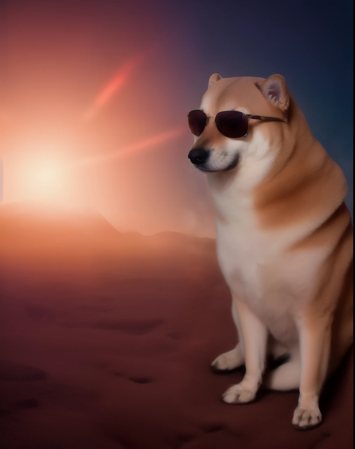 Fine art portrait of Cheems in space wearing sunglasses,  centered composition ,   Cinematic Lighting  