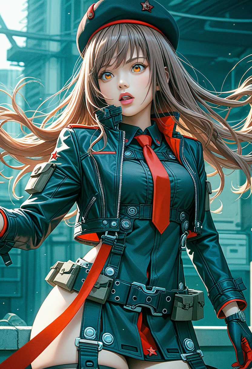  score_9,  score_8_up,  score_7_up,  source_ anime BREAK 1GIRL , Alone, Rapidef,  orange eyes ,  brown hair ,  long hair, bangs, beret,  black jacket,  cropped jacket,  red tie,  gloves, belt, Thighsまで丈の靴下, Open lips,  watches viewers,  sci-fi , Thighs