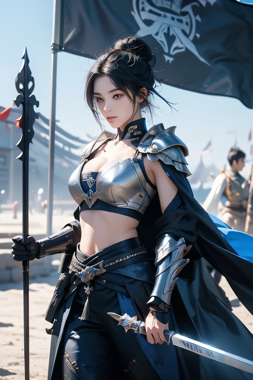 The female general had long black hair tied up in a high bun. Silver-blue armor, shoulder armor, large chest, cleavage, midriff, blue cloak, holding a spear as a weapon, in the middle of the battlefield, China, sky, flag, surrounded by male Chinese soldiers