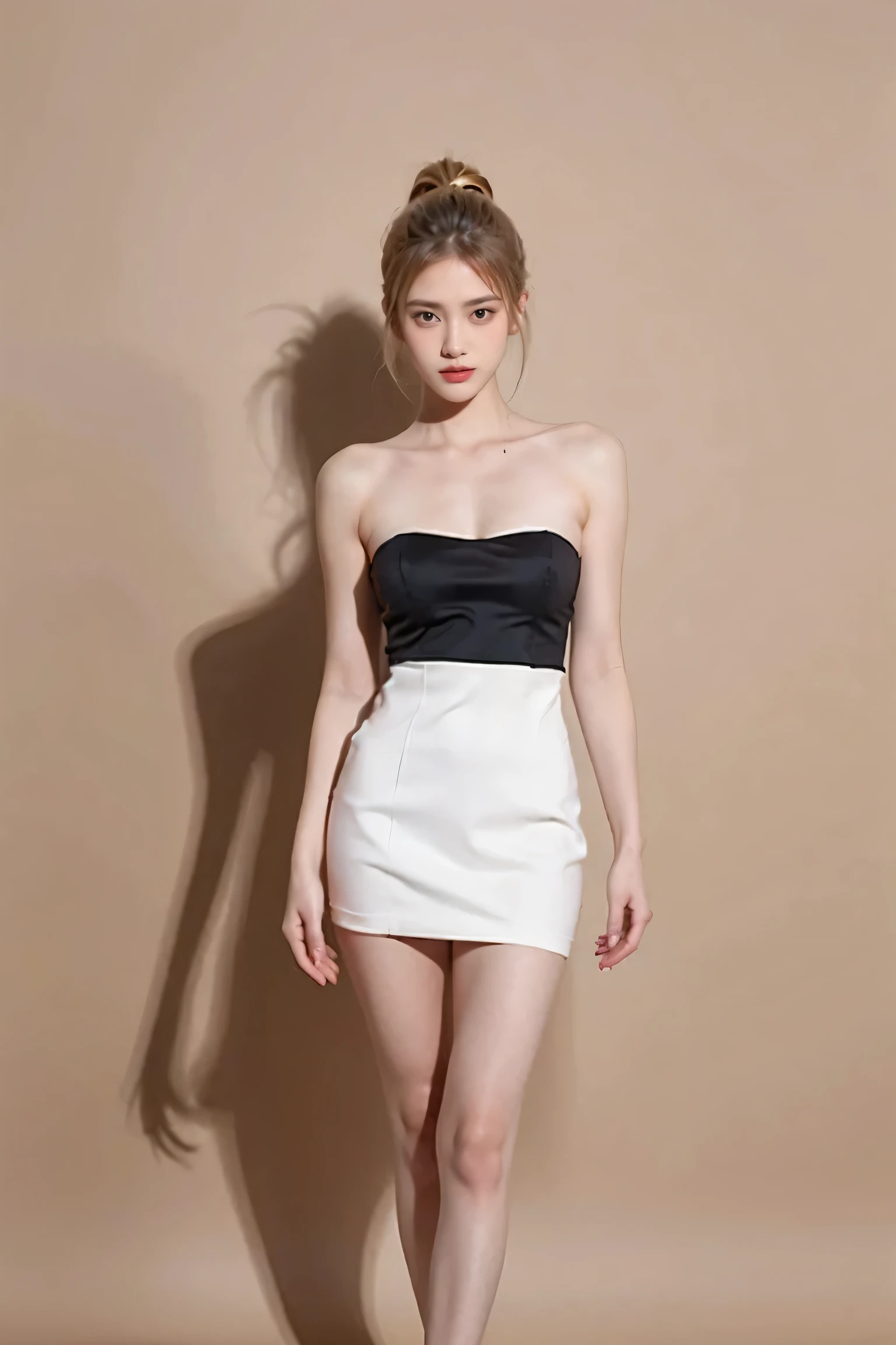 Best quality, masterpiece, ultra high res, (photorealistic:1.4),RAW photo,8k, Beautiful, Perfect, professional lighting, highly detailed ,smooth,1girl, 20yo,  cute & sexy woman,full body,(Asymmetric hem dress, geometric earrings)