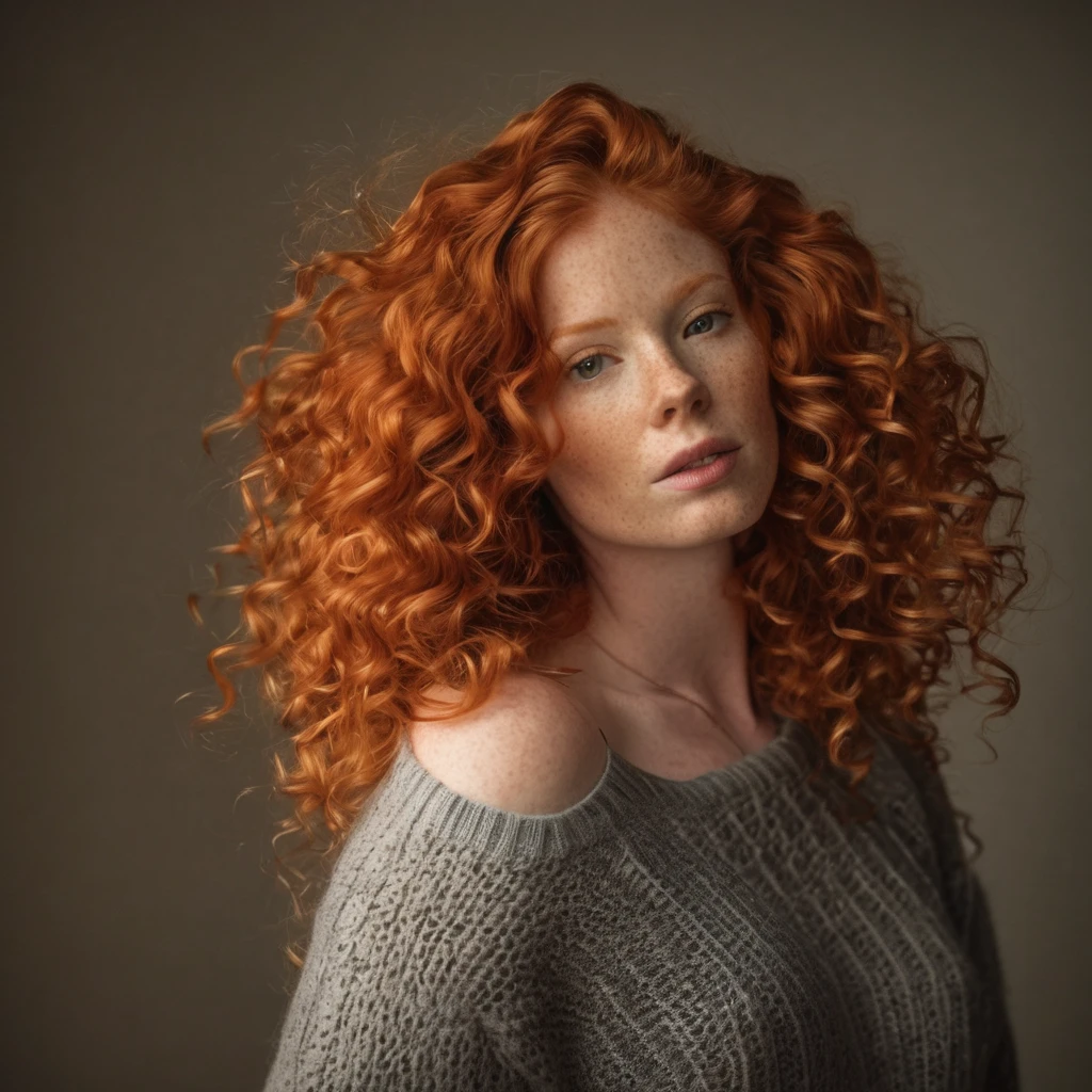 arafed woman with red hair and a sweater on posing for a picture, with curly red hair, flowing ginger hair, pale skin curly blond hair, redhead woman, red haired goddess, wild ginger hair, a redheaded young woman, curly red hair, she is redhead, with pale skin, redhead girl, ginger wavy hair, long ginger hair, red curly hair