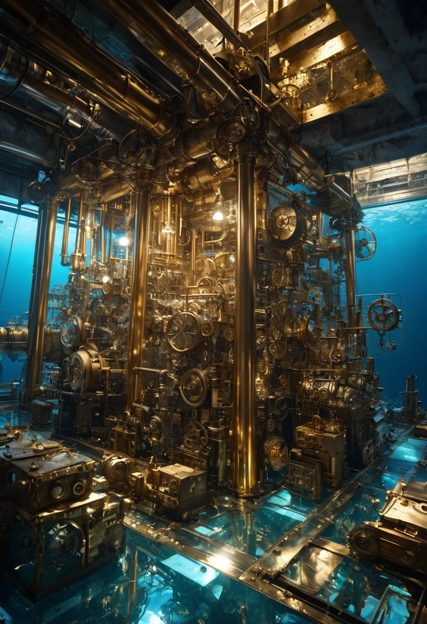 secret steampunk factory on the blue, transparent ocean floor, exposed machine parts, silver plated, copper plated, and gold bars, workers, steampunk loose baggy factory uniforms, effective effects, bold and dynamic, contrasts of light and shadow, 2.5D, artistic photography, hyper realistic, ultra detailed, absolutely resolution, masterpiece