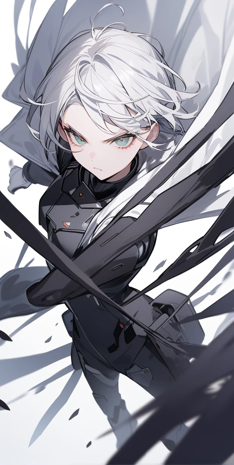 Woman with short white hair, dressed in a black battle suit, with a white cape, white gloves, serious, green eyes, simple background, short stature