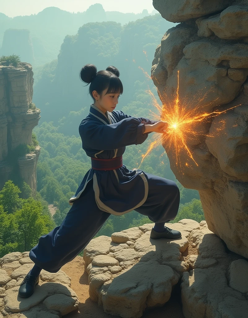 Realistic, ultra detailed, best quality, absurdres, 1girl, young woman, navy color short hair, (space buns and blunt bangs hair), kung fu lady, kung fu clothes, smash a gigantic rock in two with a single blow, straight powerful punch on the cliff, devastating punch, Martial arts mastery, forest, (black chinese shoes)