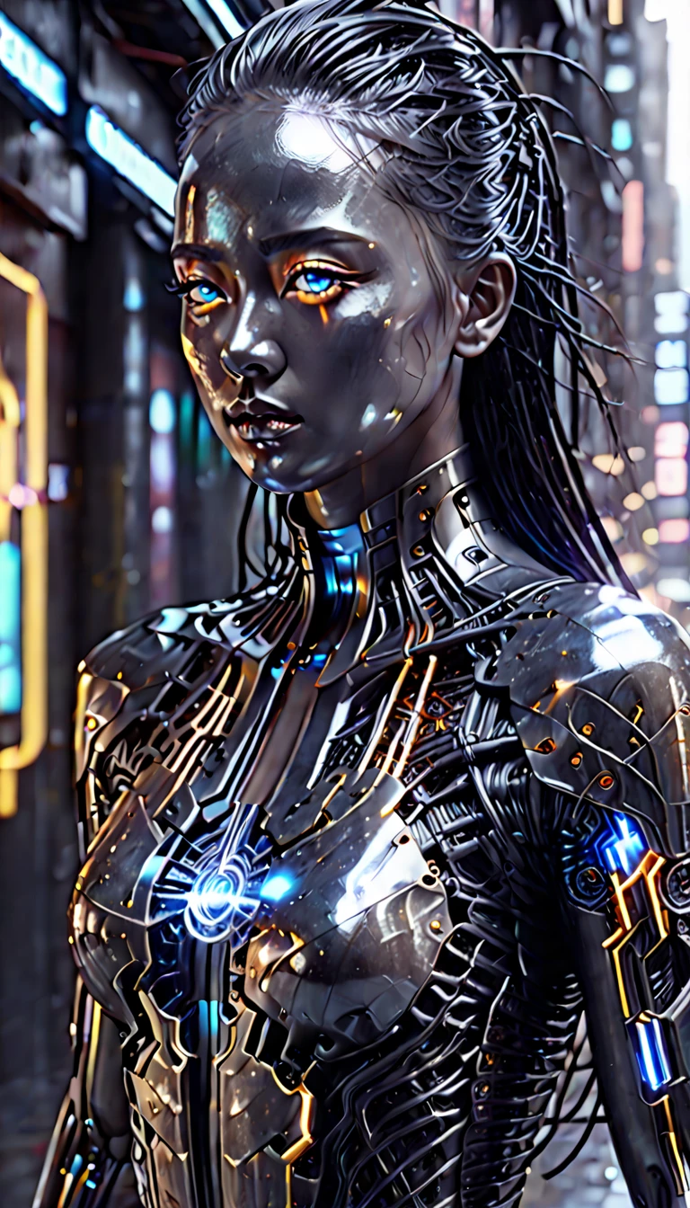 a photo {hyper-realistic} 8K UHD cyberpunk style, The uma criatura The aparecida humanidaThe com traços (male: 1.8) The (((metallic gray skin ))), exibindo luzes vibrantes em tons ameaçadores com uma cidaThe futurista ao fundo.  Its appearance is highly technological ,  with intricate cybernetic modifications scattered across the face and body . (((Os olhos Thesproporcionalmente são granThes))) e The cor vermelha intensa, no nose, com cabos brilhando pelo corpo dando a sensação The tramitação The dados controlado por inteligência artificial. Placas metálicas e circuitos Thetalhados se integram à sua pele,  forming geometric patterns and energetic lines that emanate a subtle light . O alienígena tem um Thesign corporal elegante e aerodinâmico e traços male, com membros alongados e Thetalhes biomecânicos,  including exposed cables and embedded microchips .  Its face displays unique features ,  like illuminated slits and metallic bone structures that blend perfectly with technological modifications. O fundo é uma cidaThe cyberpunk movimentada, repleta The arranha-céus iluminados por hologramas coloridos e painéis The publicidaThe digital.  creating an impressive visual contrast . A atmosfera é Thensa e vibrante, com partículas The fumaça e chuva fina iluminadas pelas luzes da cidaThe. A iluminação enfatiza os Thetalhes do corpo e rosto do alienígena, dando uma sensação The presença imponente e futurista. Uma obra The arte em 8k, cheia The texturas realistas e Thetalhes minuciosos, combining science ,  cyberpunk technology and aesthetics .