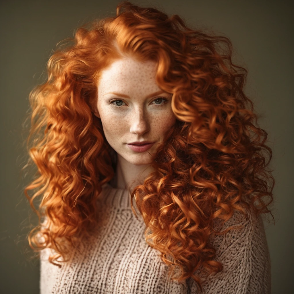 arafed woman with red hair and a sweater on posing for a picture, with curly red hair, flowing ginger hair, pale skin curly blond hair, redhead woman, red haired goddess, wild ginger hair, a redheaded young woman, curly red hair, she is redhead, with pale skin, redhead girl, ginger wavy hair, long ginger hair, red curly hair