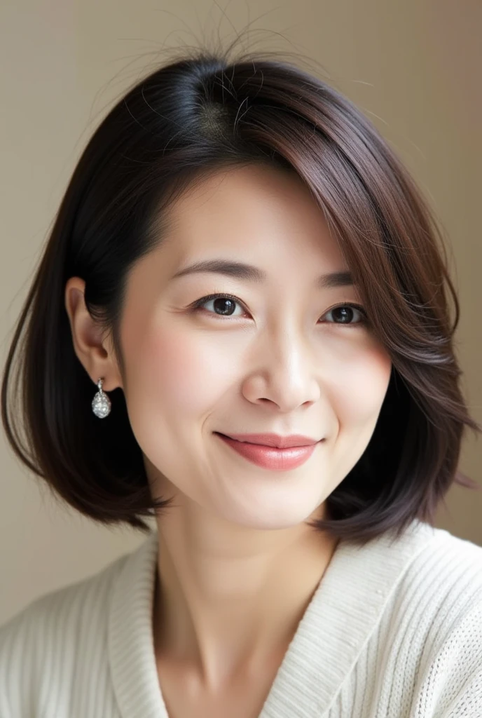 Mature Woman,  ( detailed description of hair ), (Detailed description of the face), (Detailed description of the body), high definition , masterpiece,  top quality,  high detail, formal: 1.4), ( realistic : 1.2, 超 realistic な: 1.1, Realistic: 1.37), ( sharp focus : 1.4),  depth of field,  Physically Based Rendering,  sadistic,  pixie cut ,  unrivaled beauty , (Ultimate beauty), 
（（ cream sweater :1.2））, (55 years old,: 1.4), Japanese、 Closeup 、 fine lines of laughter :1.2、((Tulip Background ))