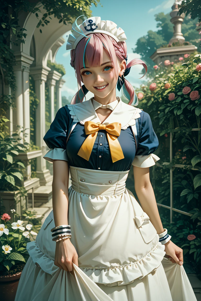 masterpiece,  best quality , highres, aaaqua, collections,  pierce hair, maid headdress, neckline, short sleeves, bracelets,  gunman shot , Standing, smile, garden