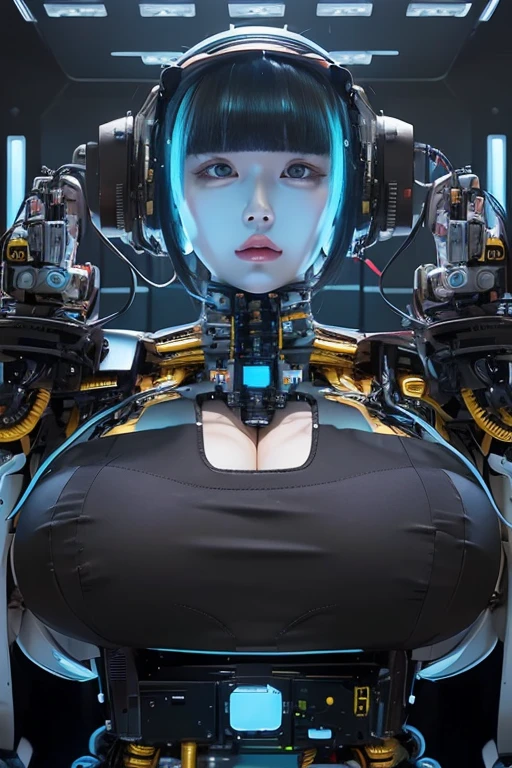 masterpiece, best quality, extremely detailed,portrait,upper body,front view,Japaese android girl,Plump, control panels,android,Droid,front cutout uniform,Mechanical Hand, Robot arms and legs,Blunt bangs,long tube,thick cable connected her neck,