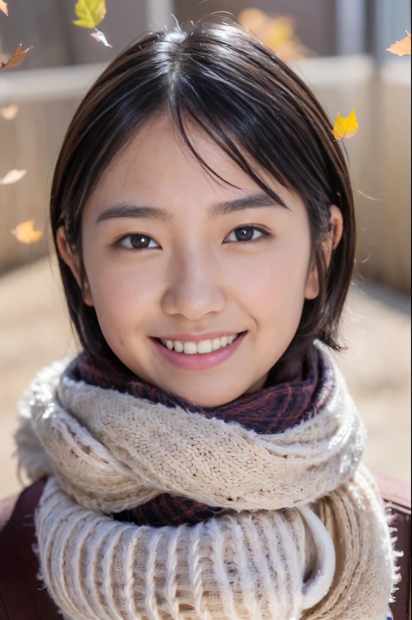 ((Only the upper body is shown 、 face close-up 、 no makeup、 the ears are sticking out of a gap in the hair,,,,,,,))、( realistic 、 Photorealistic、 ultra-detailed、Best detailed skin、 top quality、​masterpiece、 Ultra A High Resolution)、 Smiling 、(Beautiful  Japanese girl)、 One girl 、Has bangs、 Big Black Eyes 、 Japanese face 、 laughs、Charming、purity、 cute smile、 Please see here 、 realistic な肌のタイプ、 short hair、(( hair is inside a scarf:1.3))、Lighting from behind、Autumn、autumn leaves