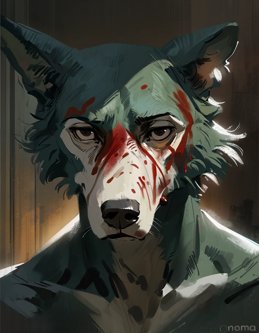 (legoshi) (beastars), (solo), male, anthro, (by seyorrol, by Nomax), (tail:1.3), depressed expression, (dark apartment background, gloomy, sad atmosphere), (naked), realistic shading, dark lighting, mysterious shadows, night scene, (epic, masterpiece, high quality, 8k, ultra HD, absurd res, top quality, best quality, max quality, masterpiece), head on, staring intensely, central framing, (direct eye contact, looking at viewer), headshot, ((blood on face and head, blood soaked fur)), (realistic eyes),